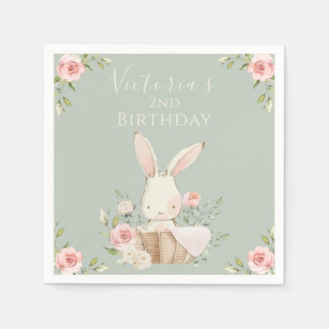 Niedlich Pink Bunny 2 Two Second Birday Green Serviette (Vorderseite)
