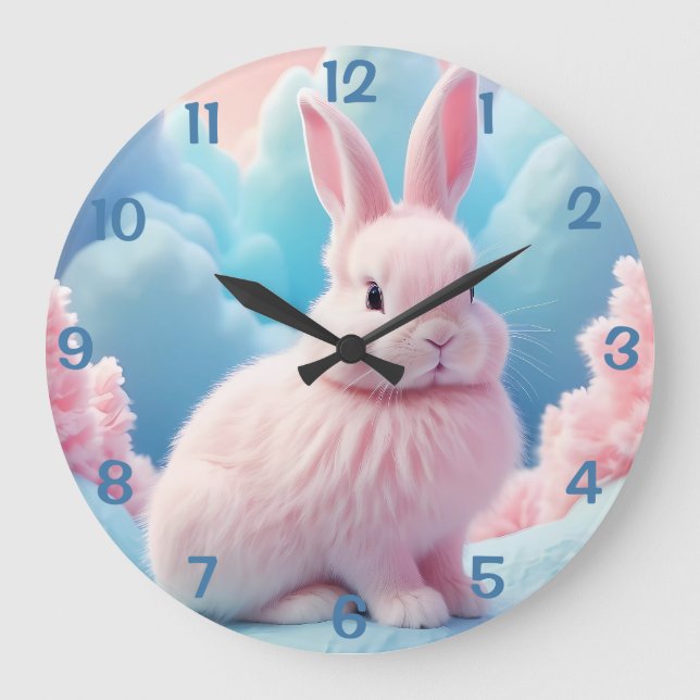 Niedlich Pink Bunny Cotton Candy Clouds Große Wanduhr (Vorderseite)