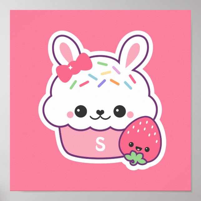 Niedlich Pink Bunny Cupcake Monogramm Poster (Vorne)