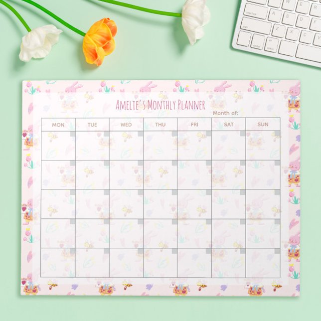 Niedlich Pink Bunny Floral Muster Monthly Planet Notizblock (Von Creator hochgeladen)