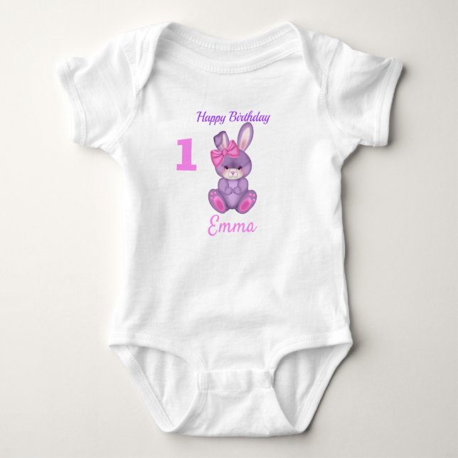 Niedlich Pink Bunny Girls Geburtsname & Alter Baby Strampler (Vorderseite)