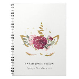 Niedlich Pink Burgundy Imitate Gold Floral Einhorn Notizblock