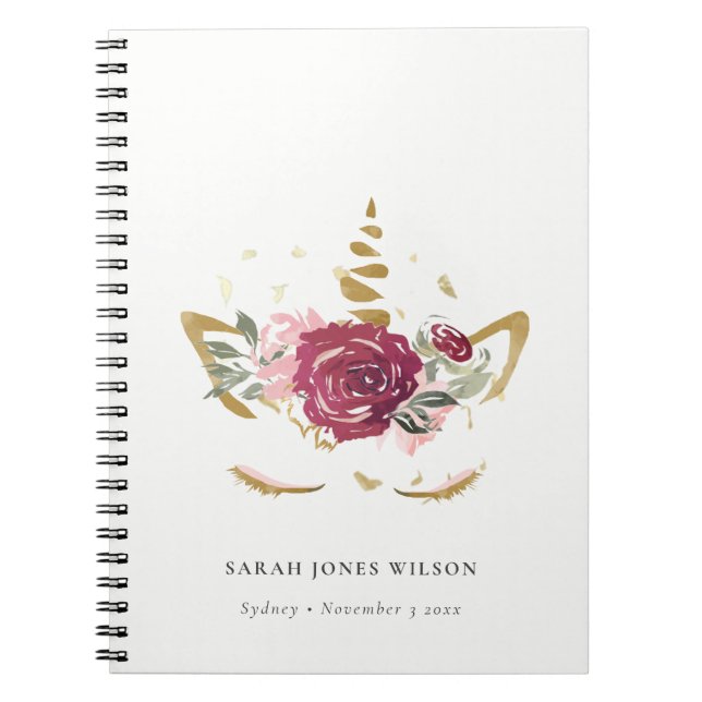 Niedlich Pink Burgundy Imitate Gold Floral Einhorn Notizblock (Vorderseite)