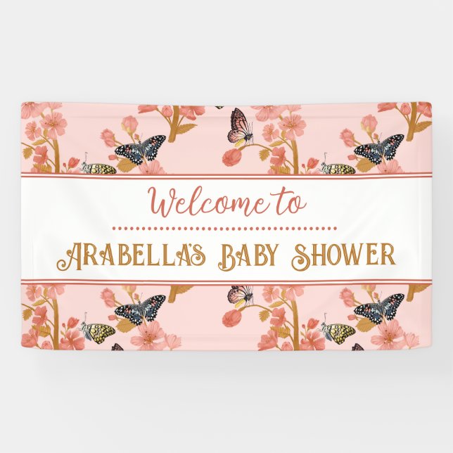 Niedlich Pink Butterfly Baby Dusche Begrüßungsbann Banner (Horizontal)
