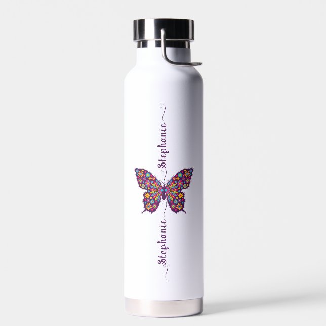 Niedlich Pink Butterfly Name Minimalistisch Person Trinkflasche (Links)