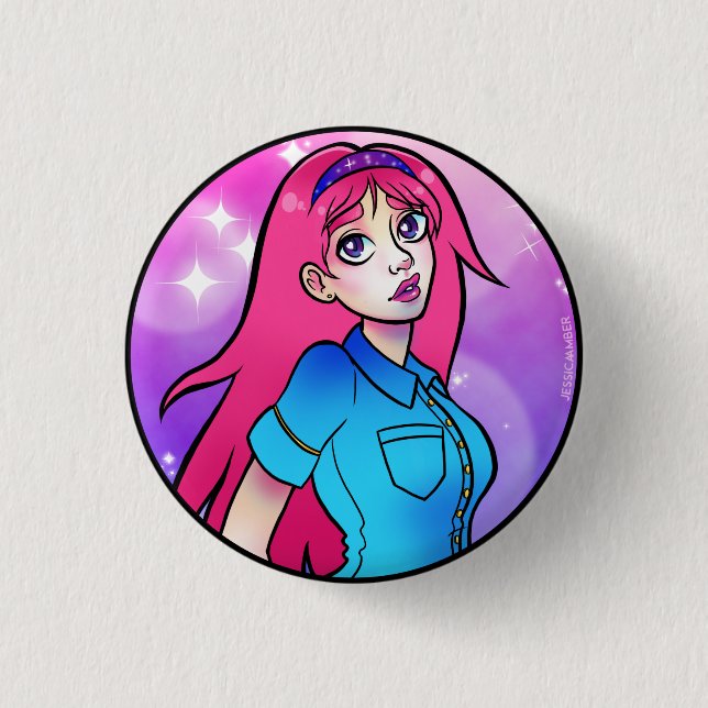Niedlich Pink Cartoon Anime Girl Button (Vorderseite)