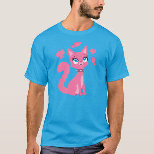Niedlich Pink Cartoon Cat and Butterfly T - Shirt