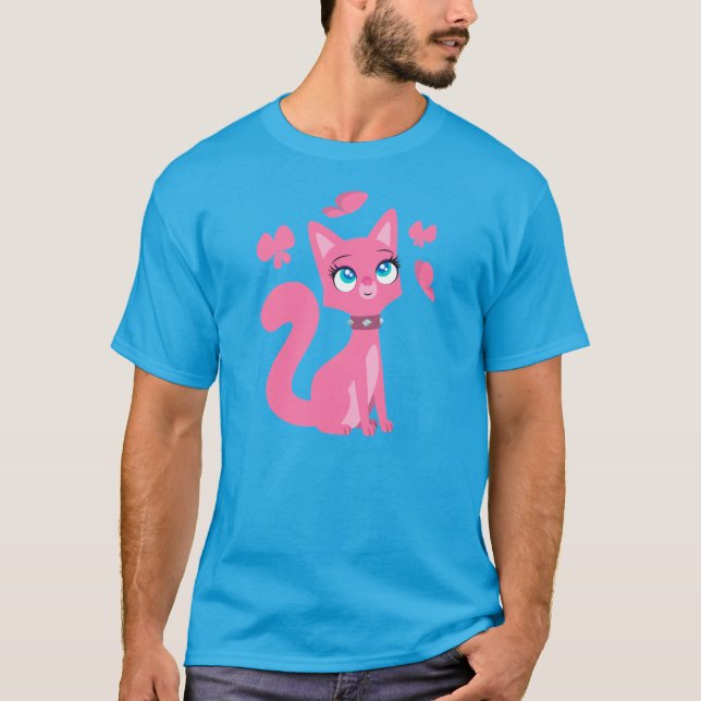 Niedlich Pink Cartoon Cat and Butterfly T - Shirt (Vorderseite)