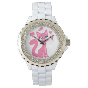 Niedlich Pink Cartoon Katze und Schmetterlinge Armbanduhr