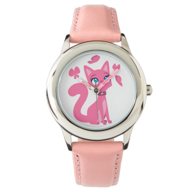 Niedlich Pink Cartoon Katze und Schmetterlinge Armbanduhr (Vorderseite)