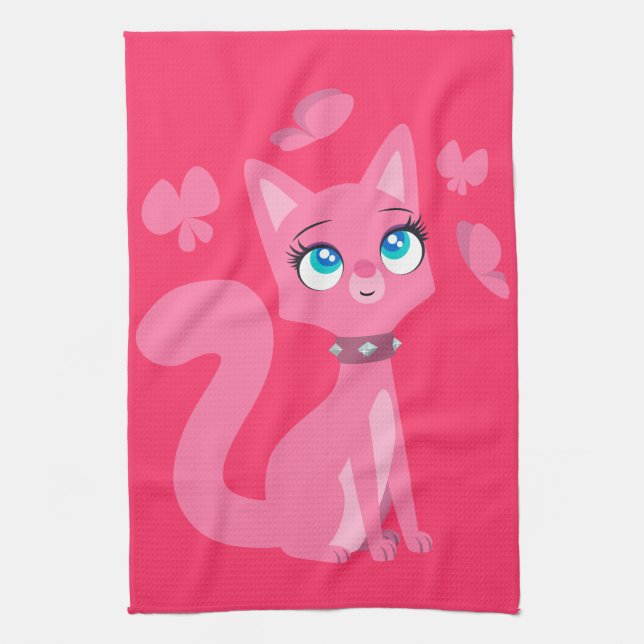 Niedlich Pink Cartoon Katze und Schmetterlinge Handtuch (Vertikal)