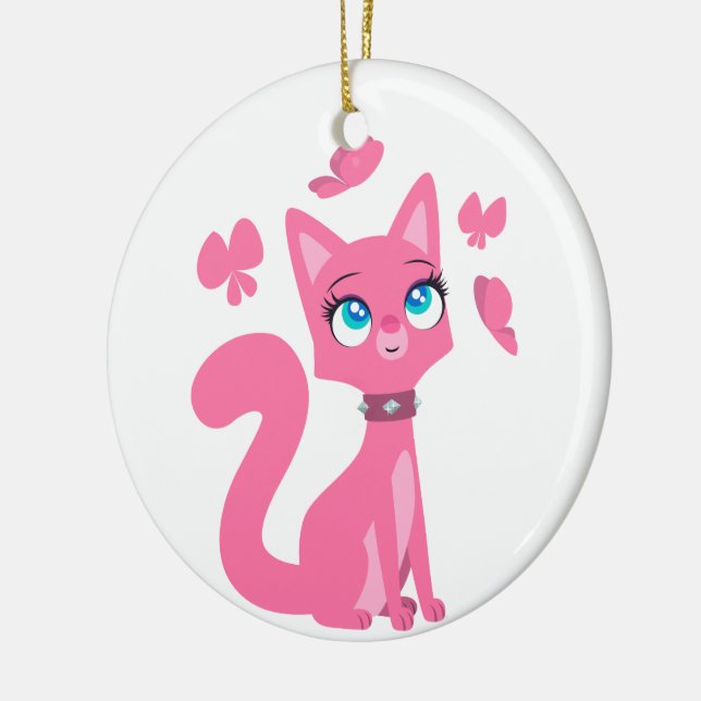 Niedlich Pink Cartoon Katze und Schmetterlinge Keramikornament (Links)