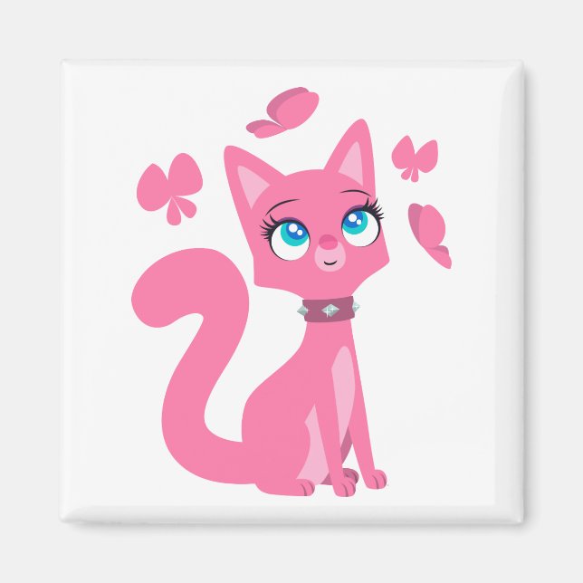 Niedlich Pink Cartoon Katze und Schmetterlinge Magnet (Vorne)