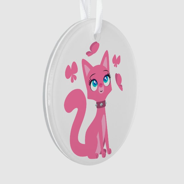 Niedlich Pink Cartoon Katze und Schmetterlinge Ornament (Vorderseite)