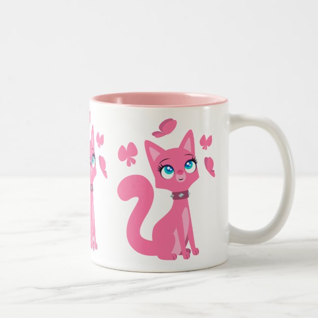 Niedlich Pink Cartoon Katze und Schmetterlinge Zweifarbige Tasse (Rechts)