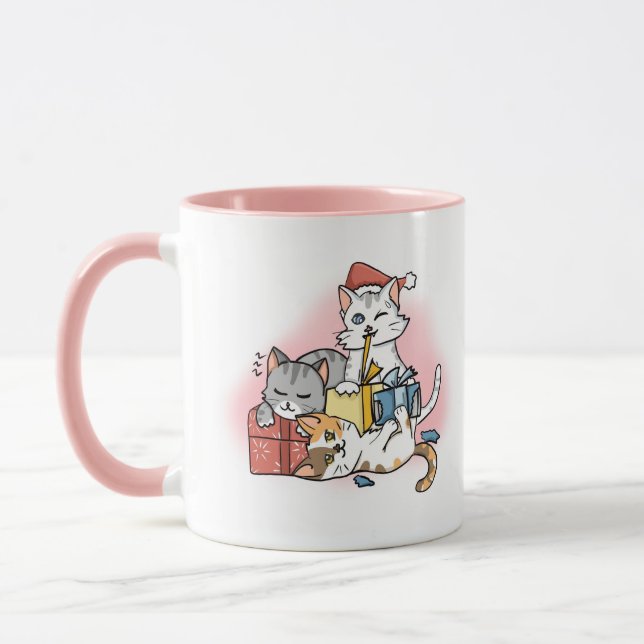 Niedlich Pink Cartoon Kitten Weihnachten Tasse (Links)