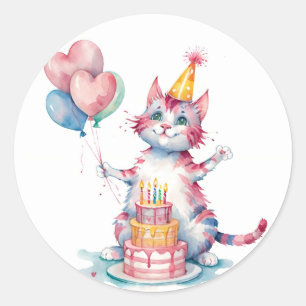 Niedlich Pink Cat Geburtstagstorte - Geburtstag Runder Aufkleber