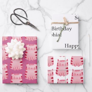 Niedlich Pink Cat Happy Geburtstag Personalisiert Geschenkpapier Set
