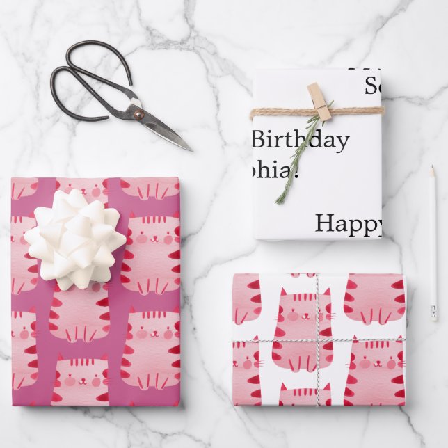 Niedlich Pink Cat Happy Geburtstag Personalisiert Geschenkpapier Set (Vorderseite)