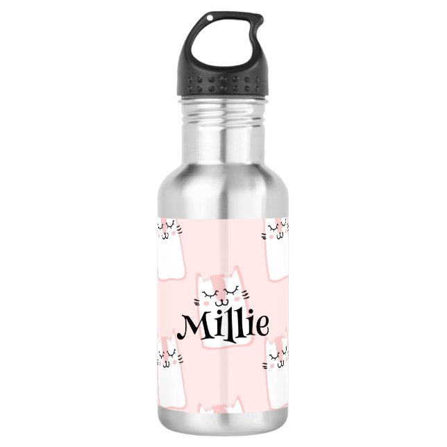 Niedlich Pink Cat Pattern Girls Namensschule Edelstahlflasche (Vorderseite)