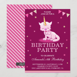 Niedlich Pink Cat Unicorn Geburtstagsparty Einladu Einladung