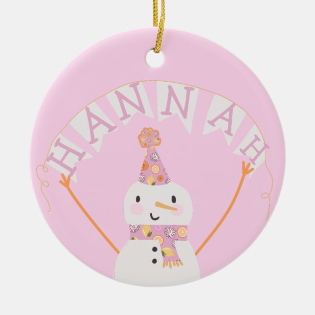 Niedlich Pink Christmas Snowman Kids Custom Keramik Ornament (Vorne)