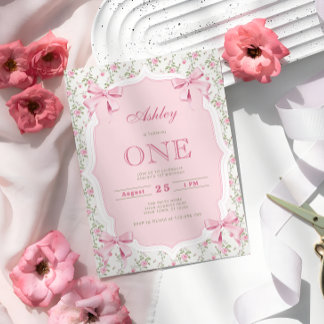 Niedlich Pink Coquette Bow 1. Geburtstag Einladung