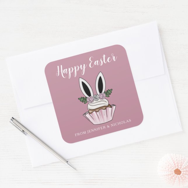 Niedlich Pink Cupcake Bunny Oars Happy Osterfeier Quadratischer Aufkleber (Umschlag)