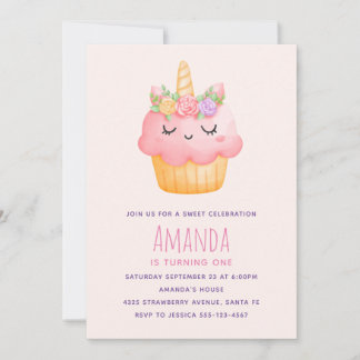 Niedlich Pink Cupcake Einhorn mit Rose Geburtstag Einladung