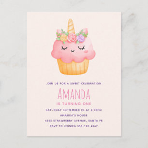 Niedlich Pink Cupcake Einhorn mit Rose Geburtstag Einladungspostkarte
