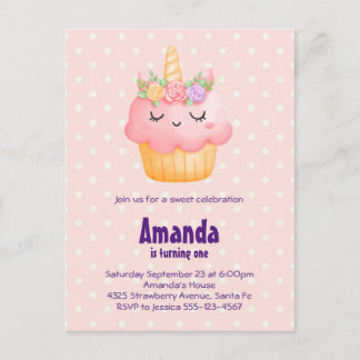 Niedlich Pink Cupcake Einhorn mit Rose Geburtstag Einladungspostkarte
