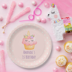 Niedlich Pink Cupcake Einhorn mit Rose Geburtstag Pappteller