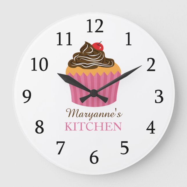 Niedlich Pink Cupcake Küche Individuelle Name Große Wanduhr (Vorderseite)