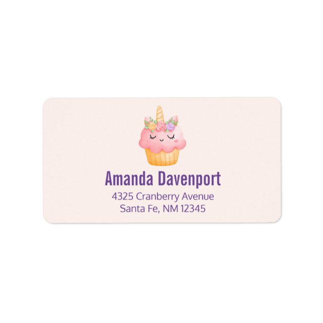 Niedlich Pink Cupcake Unicorn mit Rose Adressaufkleber (Vorne)