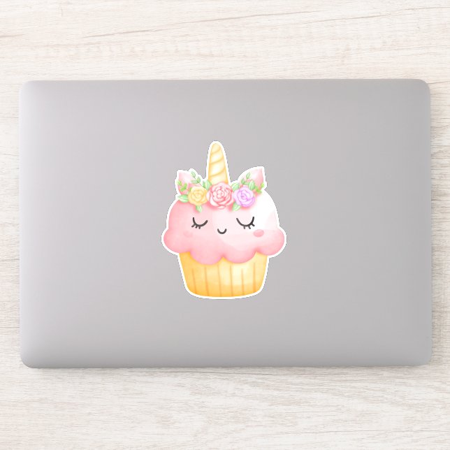Niedlich Pink Cupcake Unicorn mit Rose Aufkleber (Computer)