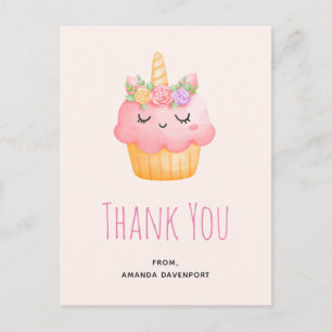 Niedlich Pink Cupcake Unicorn mit Rose Danke Postkarte