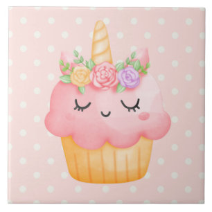 Niedlich Pink Cupcake Unicorn mit Rose Fliese