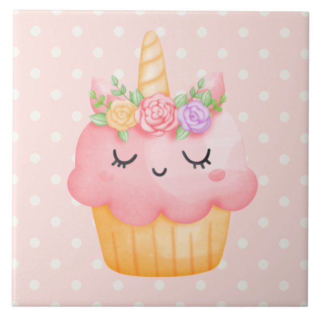 Niedlich Pink Cupcake Unicorn mit Rose Fliese (Vorderseite)