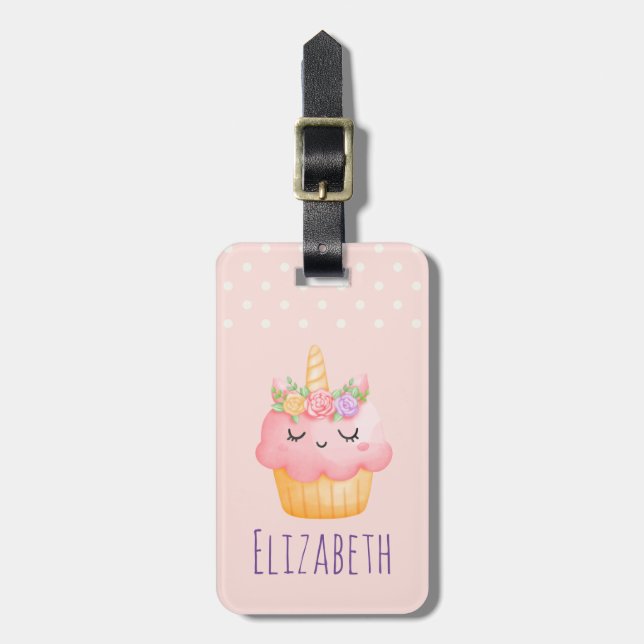 Niedlich Pink Cupcake Unicorn mit Rose Gepäckanhänger (Vorderseite vertikal)
