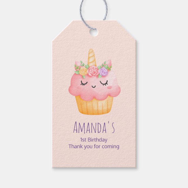 Niedlich Pink Cupcake Unicorn mit Rose Geschenkanhänger (Vorderseite)