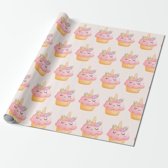 Niedlich Pink Cupcake Unicorn mit Rose Geschenkpapier (Ungerollt)