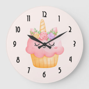 Niedlich Pink Cupcake Unicorn mit Rose Große Wanduhr