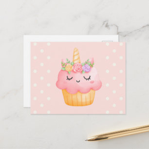 Niedlich Pink Cupcake Unicorn mit Rose Postkarte