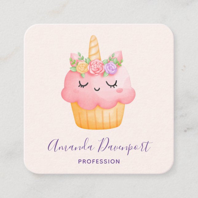 Niedlich Pink Cupcake Unicorn mit Rose Quadratische Visitenkarte (Vorderseite)