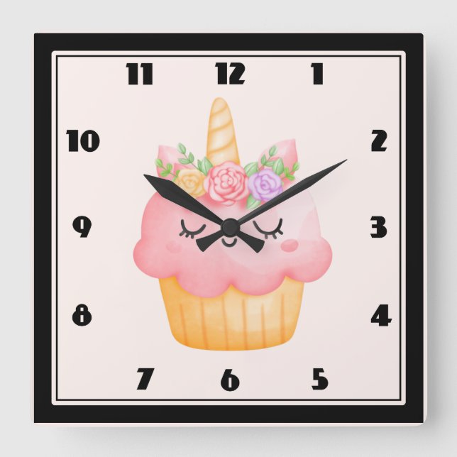 Niedlich Pink Cupcake Unicorn mit Rose Quadratische Wanduhr (Vorderseite)