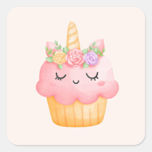 Niedlich Pink Cupcake Unicorn mit Rose Quadratischer Aufkleber