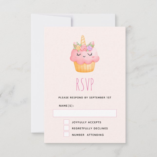 Niedlich Pink Cupcake Unicorn mit Rose RSVP Karte (Vorderseite)