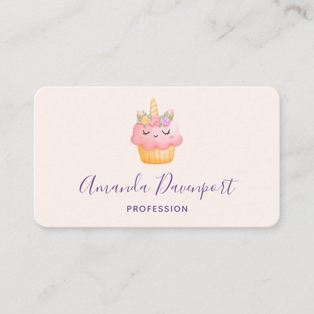 Niedlich Pink Cupcake Unicorn mit Rose Visitenkarte (Vorderseite)