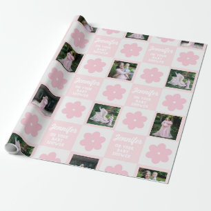 Niedlich Pink Daisy Checkerboard Foto Babydusche Geschenkpapier