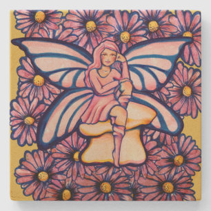 Niedlich Pink Daisy Fairy Mushroom Art Fairies Steinuntersetzer